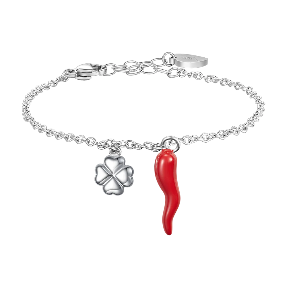 BRACCIALE IN ACCIAIO CON CORNO ROSSO E QUADRIFOGLIO