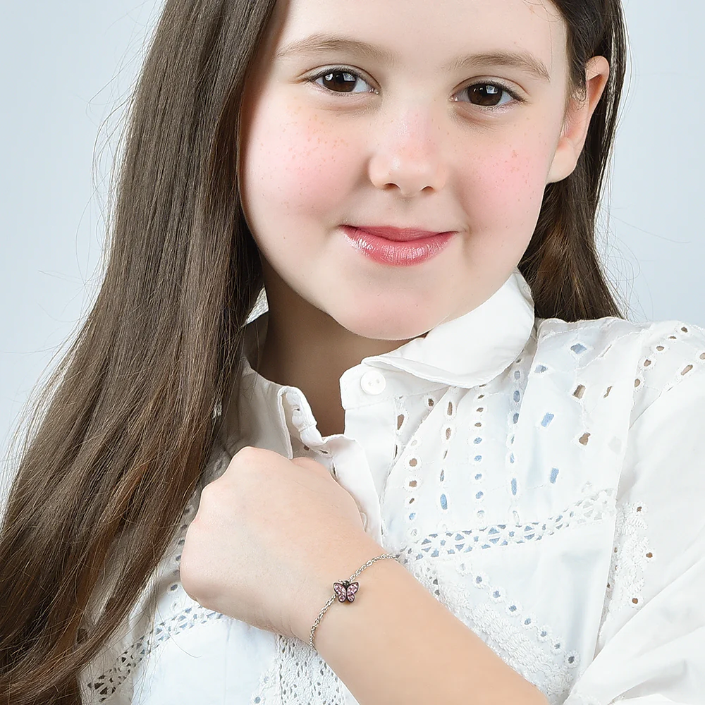 BRACCIALE BAMBINA IN ACCIAIO CON FARFALLA E CRISTALLI ROSA - Image 3