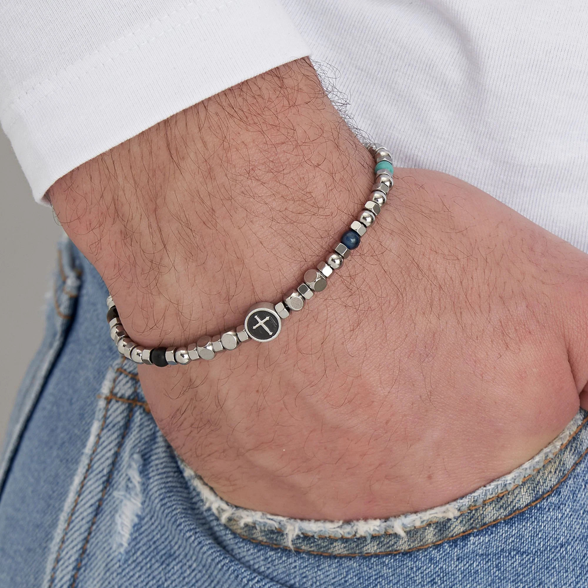 BRACCIALE UOMO IN ACCIAIO CON PIETRE COLORATE E CROCE - Image 2