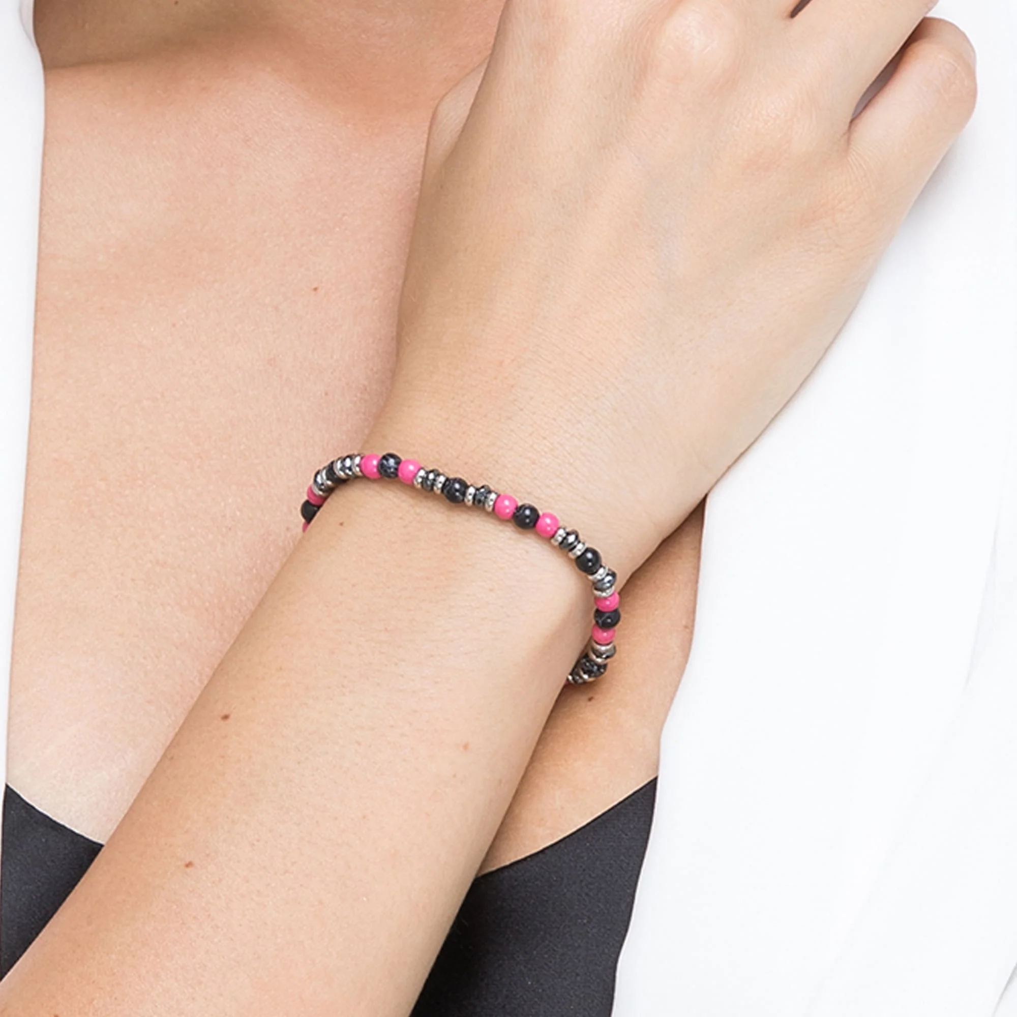 BRACCIALE IN ACCIAIO CON PIETRE ROSA E NERE - Image 2