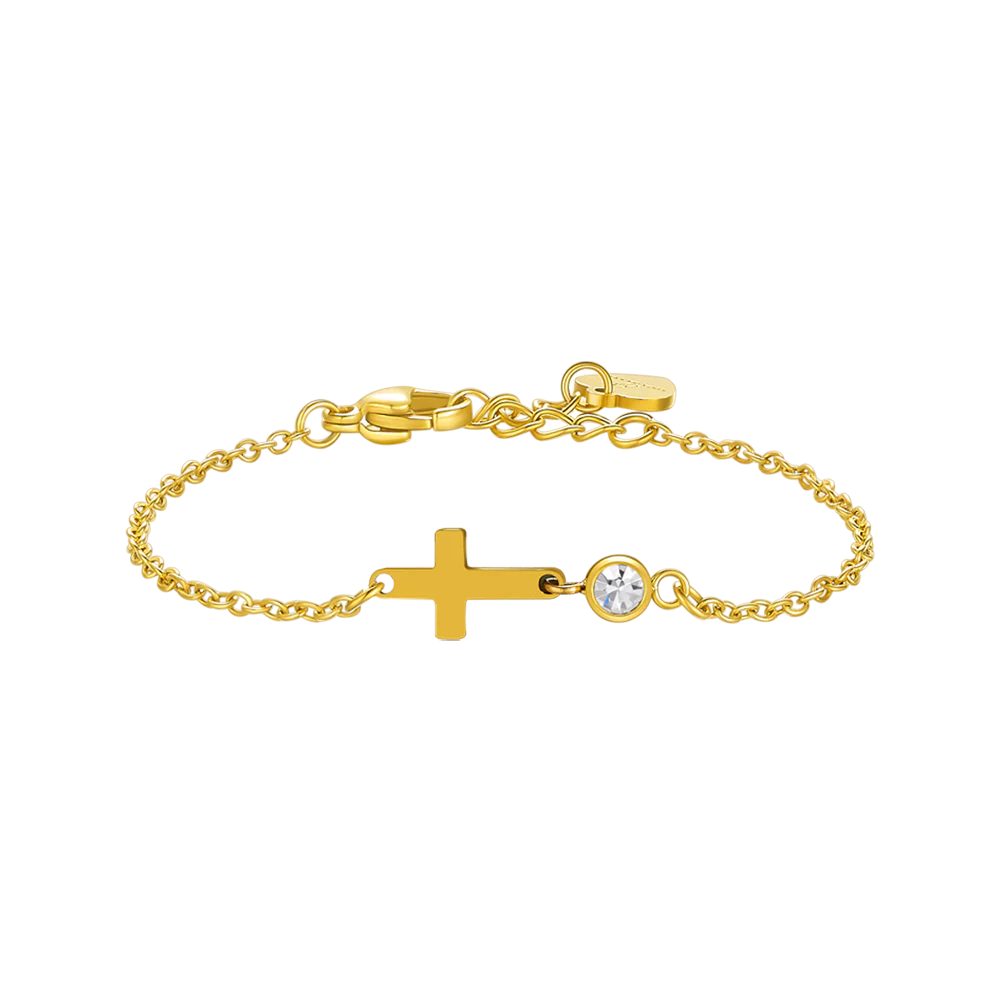BRACCIALE IN ACCIAIO E IP GOLD CON CROCE E CRISTALLO BIANCO