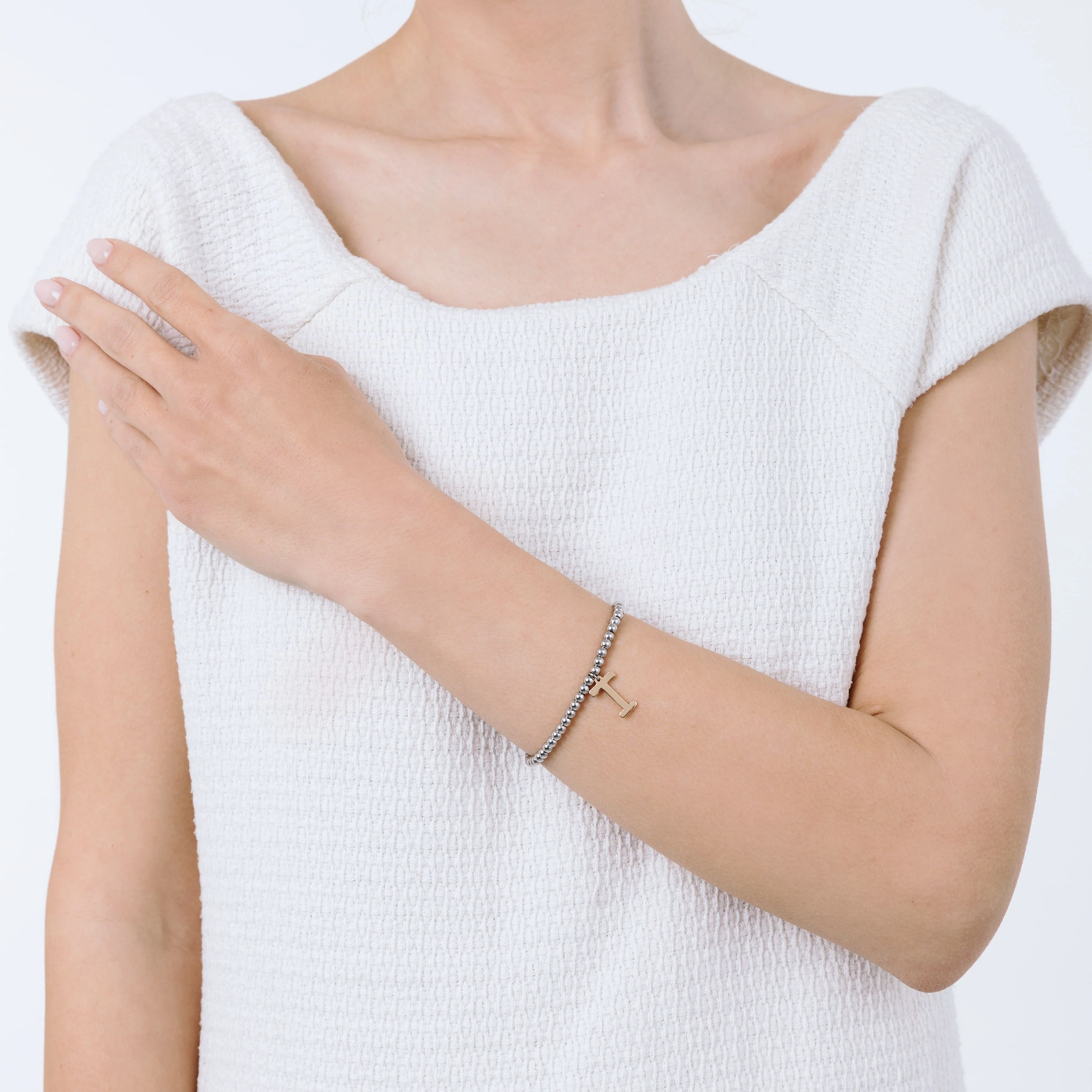 BRACCIALE DONNA IN ACCIAIO PALLINATO CON LETTERA T - Image 3