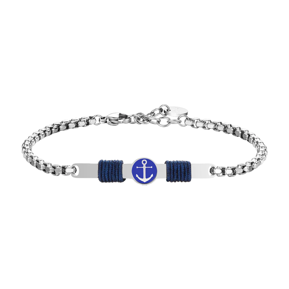BRACCIALE IN ACCIAIO, PIASTRA CON SMALTO BLU E ANCORA E CORDA BLU