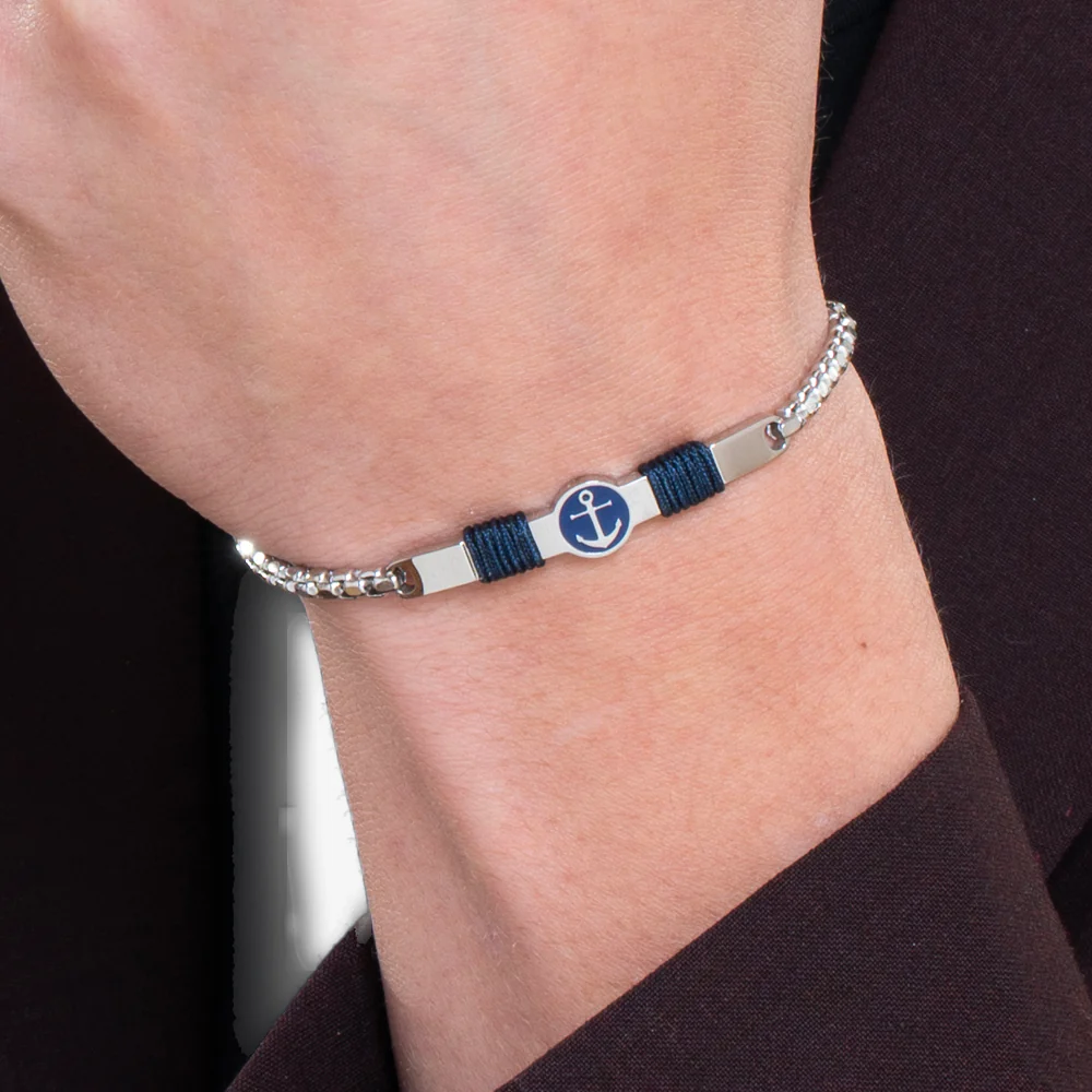 BRACCIALE IN ACCIAIO, PIASTRA CON SMALTO BLU E ANCORA E CORDA BLU - Image 2