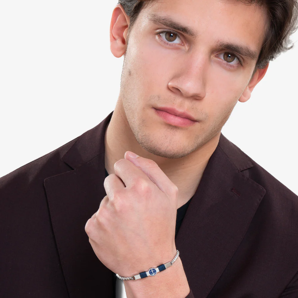 BRACCIALE IN ACCIAIO, PIASTRA CON SMALTO BLU E ANCORA E CORDA BLU - Image 3