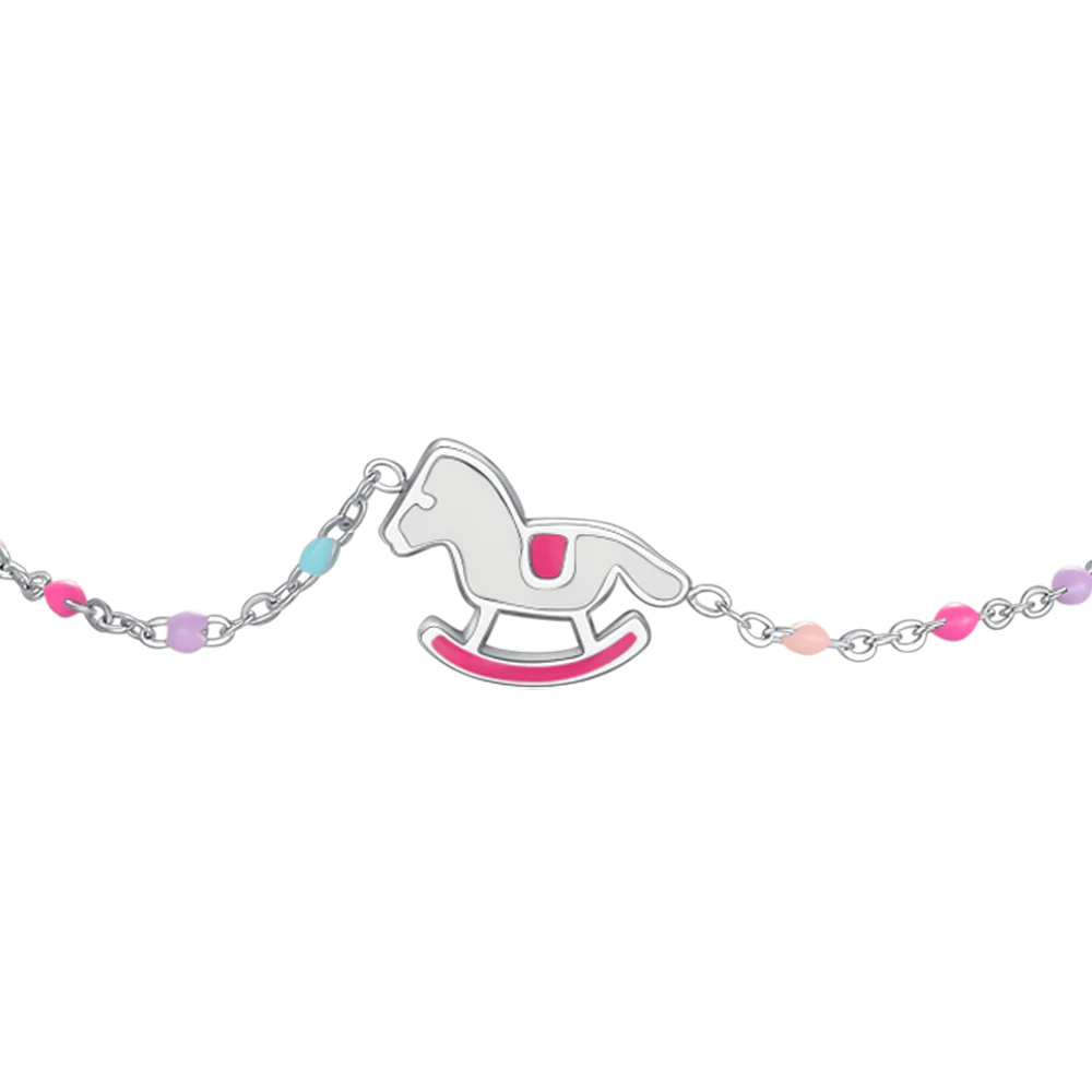 BRACCIALE IN ACCIAIO, PIASTRA E CAVALLO A DONDOLO CON SMALTO ROSA E FUCSIA E PIE - Image 2