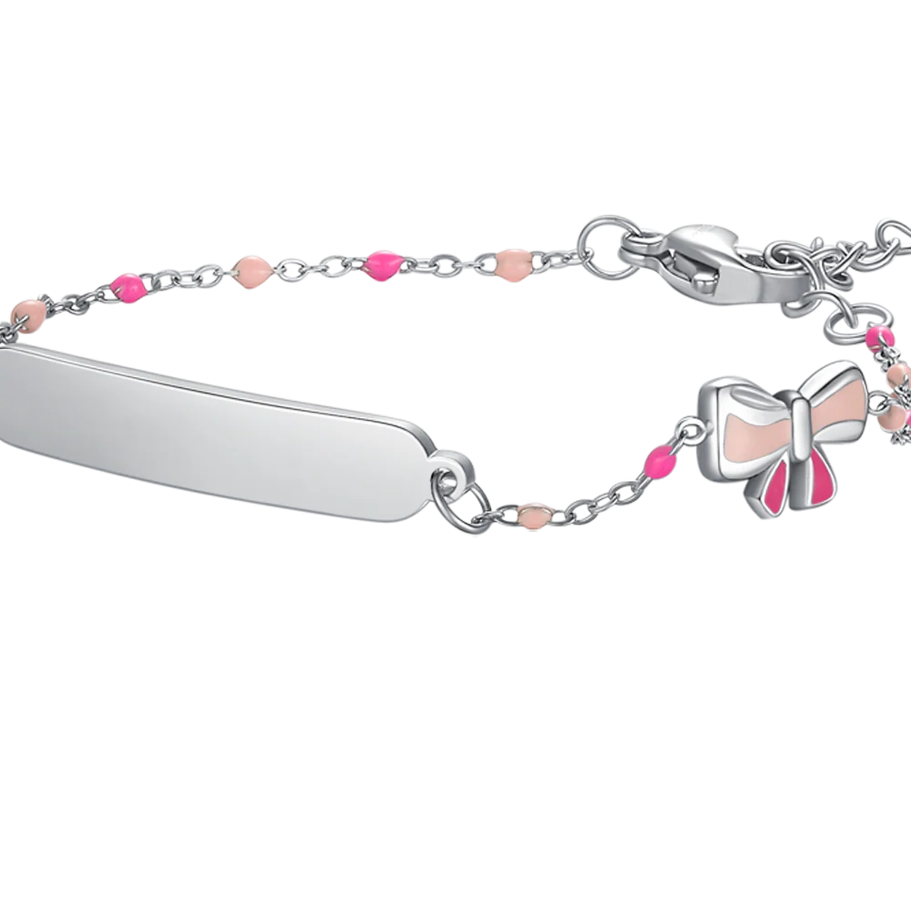 BRACCIALE IN ACCIAIO, PIASTRA E FIOCCO CON SMALTO ROSA E FUSCIA E PIETRE COLORAT - Image 2