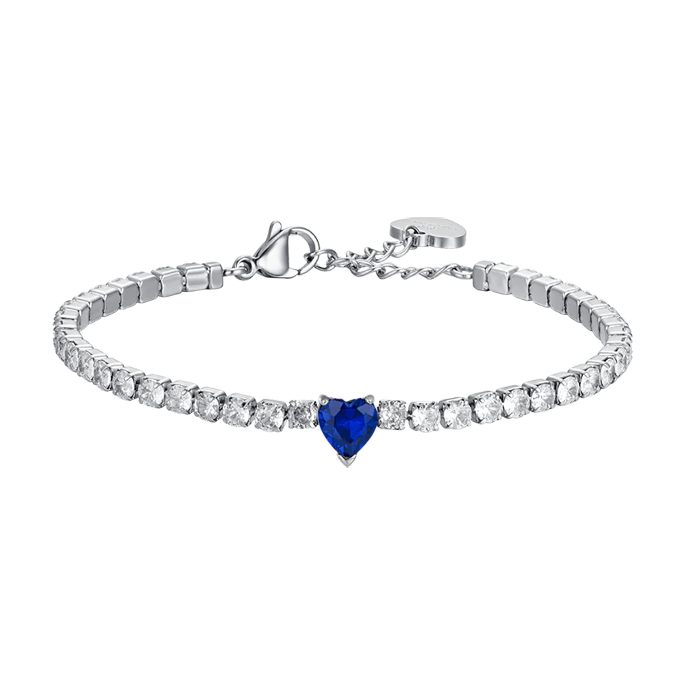 BRACCIALE TENNIS DONNA IN ACCIAIO CON CRISTALLI BIANCHI E CUORE CRISTALLO BLU