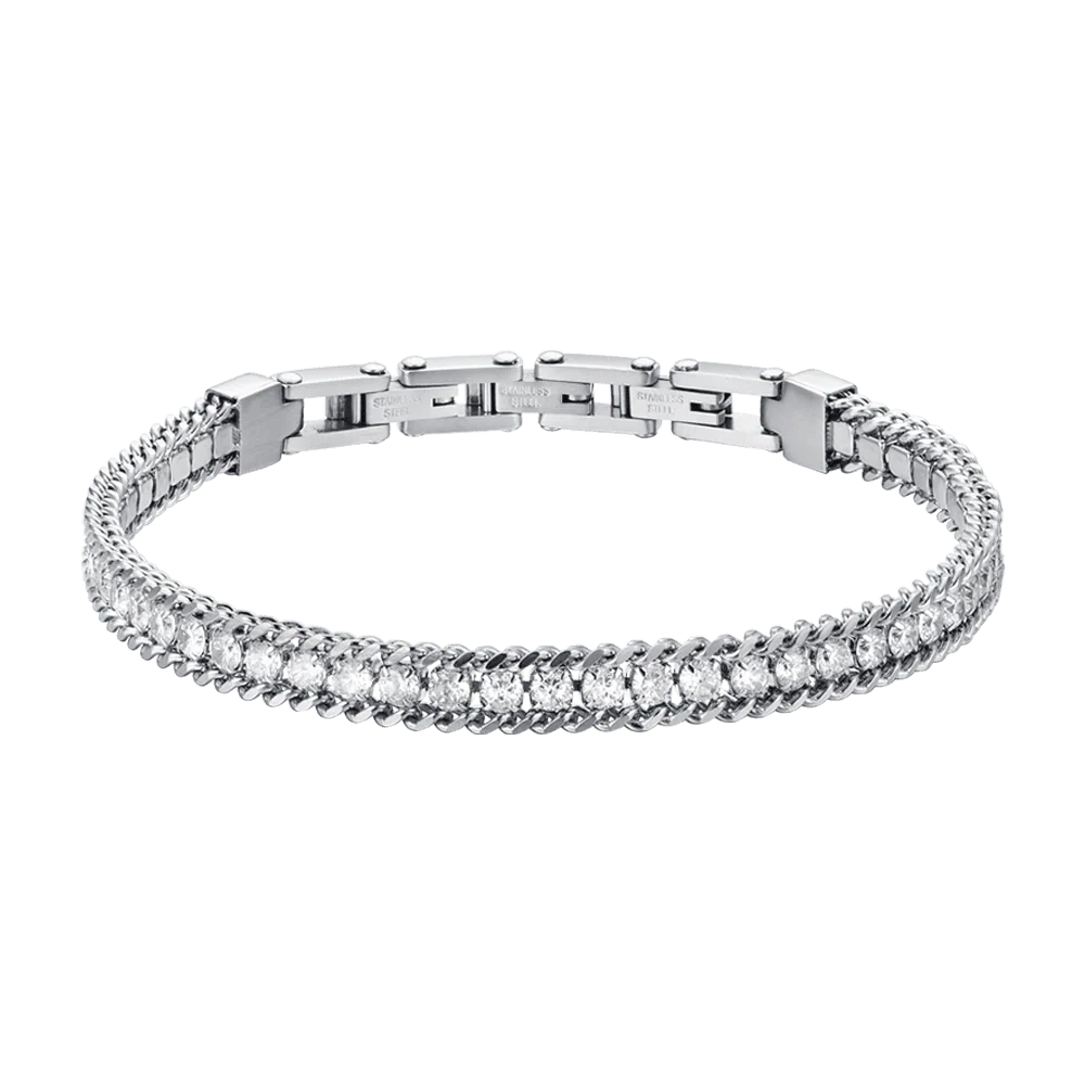 BRACCIALE TENNIS UOMO IN ACCIAIO CON CRISTALLI BIANCHI
