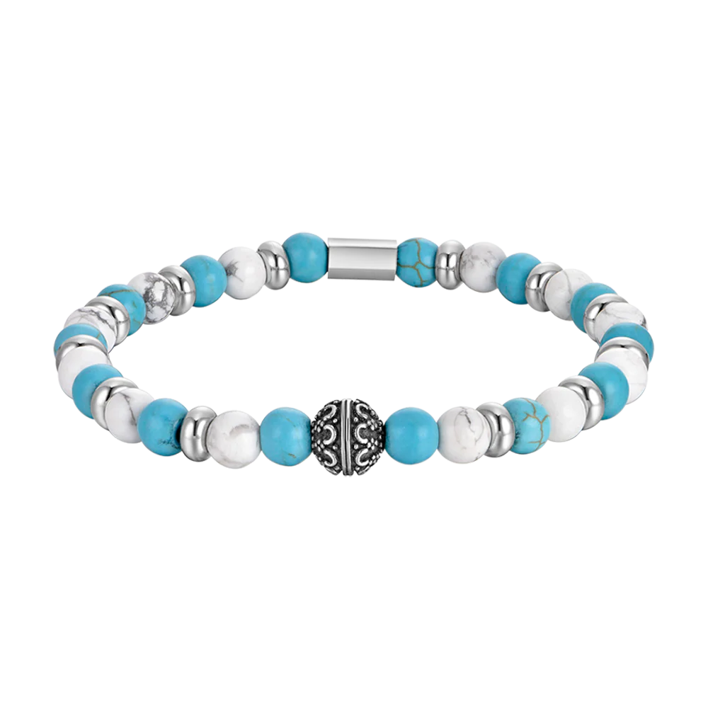 BRACCIALE UOMO ELASTICO CON PIETRE BLU E BIANCHE ED ELEMENTI IN ACCIAIO