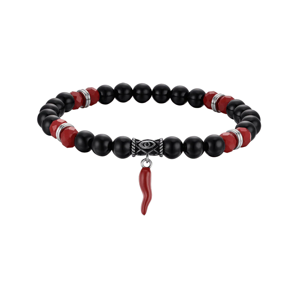 BRACCIALE UOMO ELASTICO CON PIETRE NERE E ROSSE E CORNO ROSSO