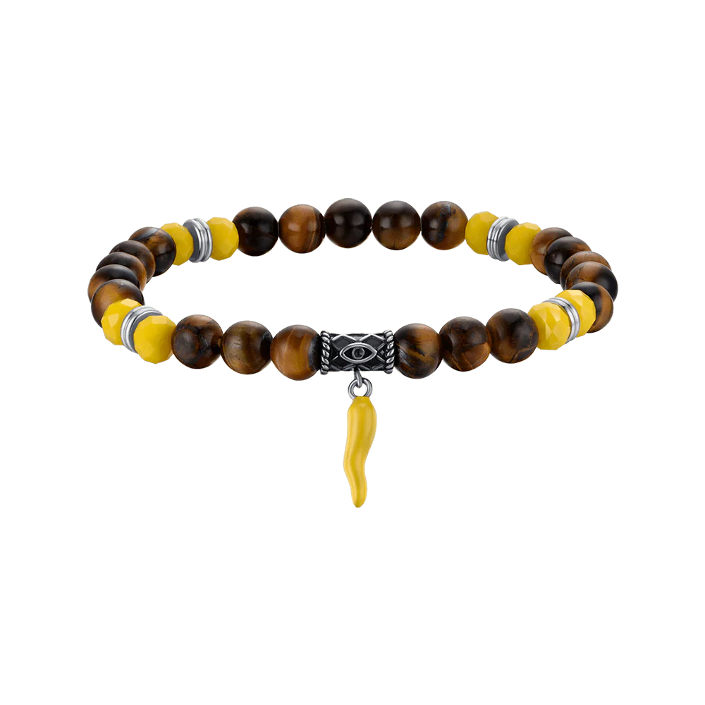 BRACCIALE UOMO ELASTICO CON PIETRE OCCHIO DI TIGRE E GIALLE E CORNO GIALLO