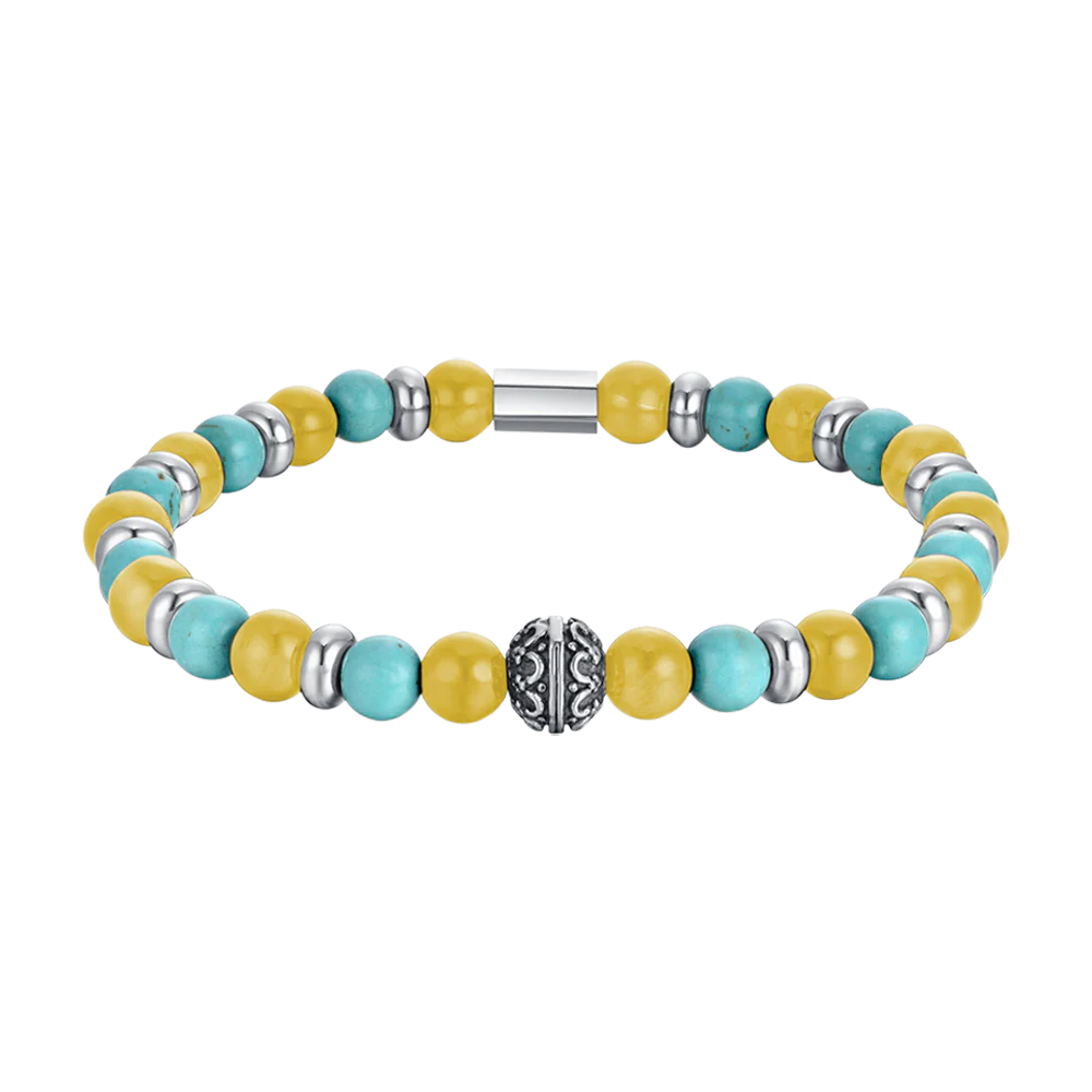 BRACCIALE UOMO ELASTICO CON PIETRE TURCHESI E GIALLE ED ELEMENTI IN ACCIAIO