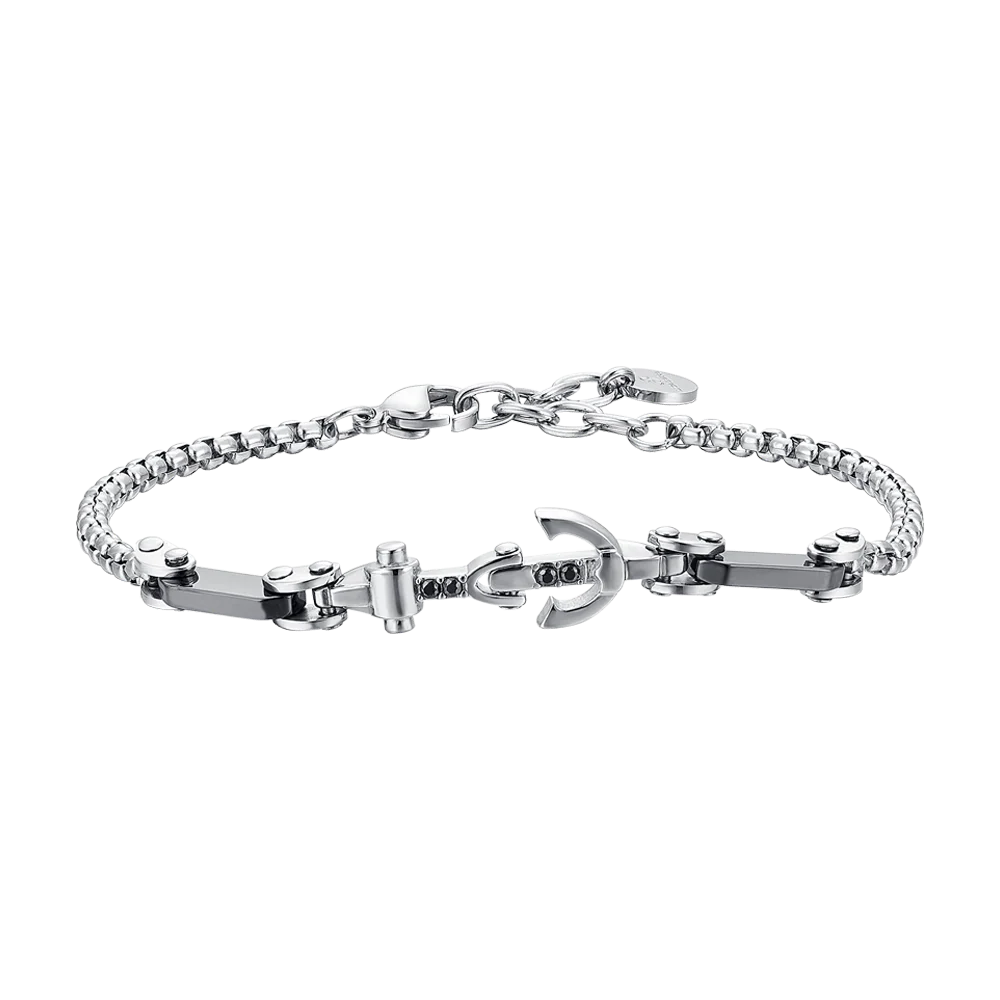 BRACCIALE UOMO IN ACCIAIO ANCORA E CRISTALLO NERO