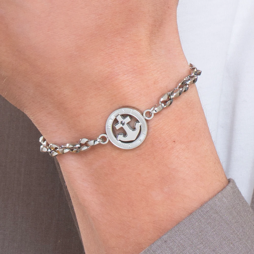 BRACCIALE UOMO IN ACCIAIO ANCORA E CRISTALLO NERO - Image 2