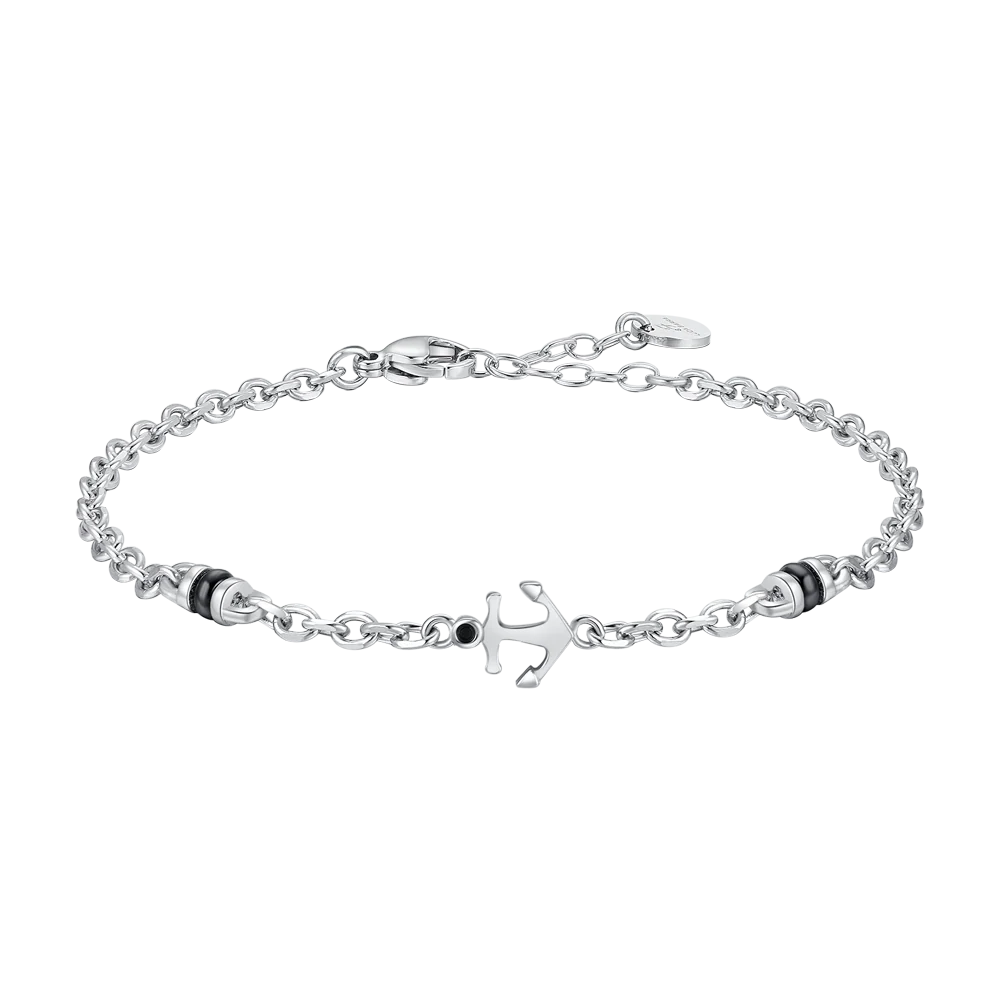 BRACCIALE UOMO IN ACCIAIO CON ANCORA, ZIRCONE NERO ED ELEMENTO IN IP NERO