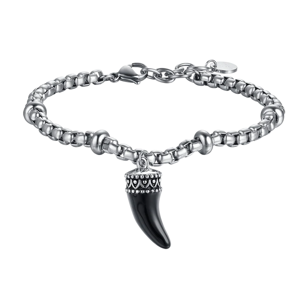 BRACCIALE UOMO IN ACCIAIO CON CORNO CON SMALTO NERO