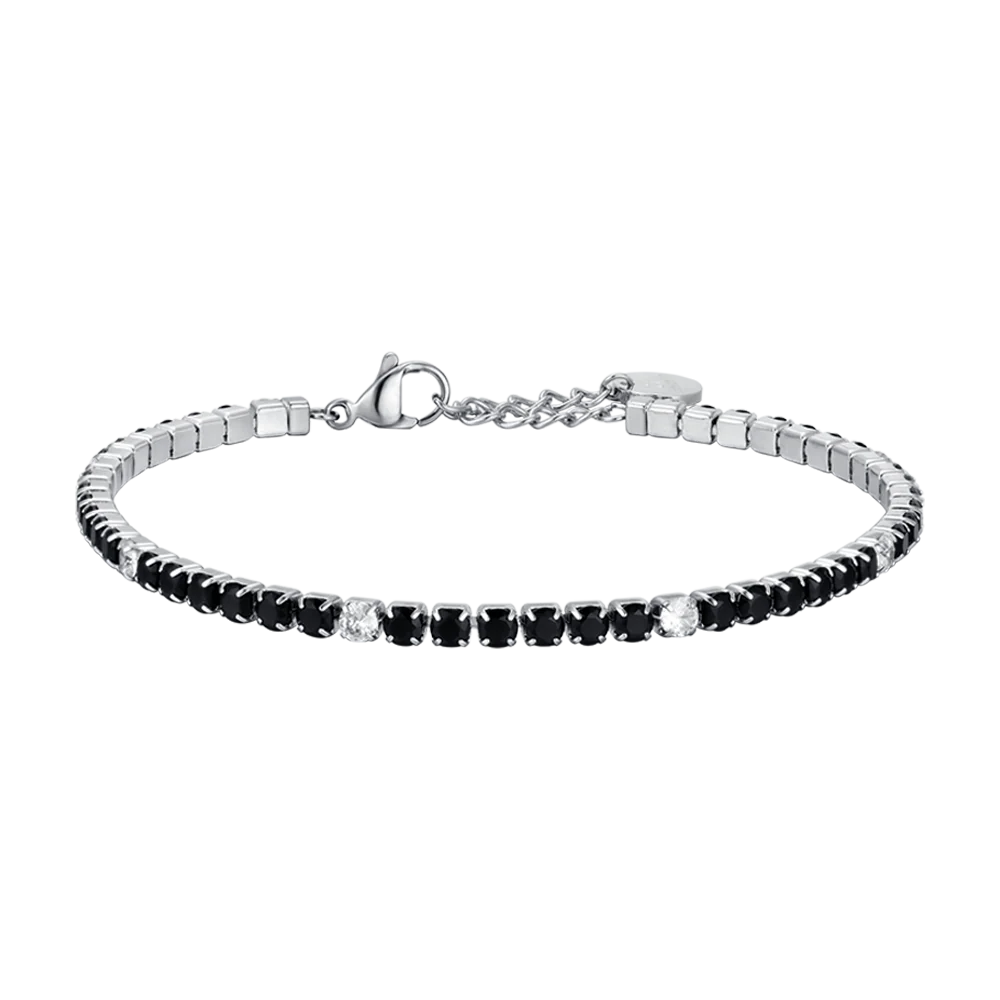 BRACCIALE TENNIS UOMO IN ACCIAIO CON CRISTALLI NERI E BIANCHI