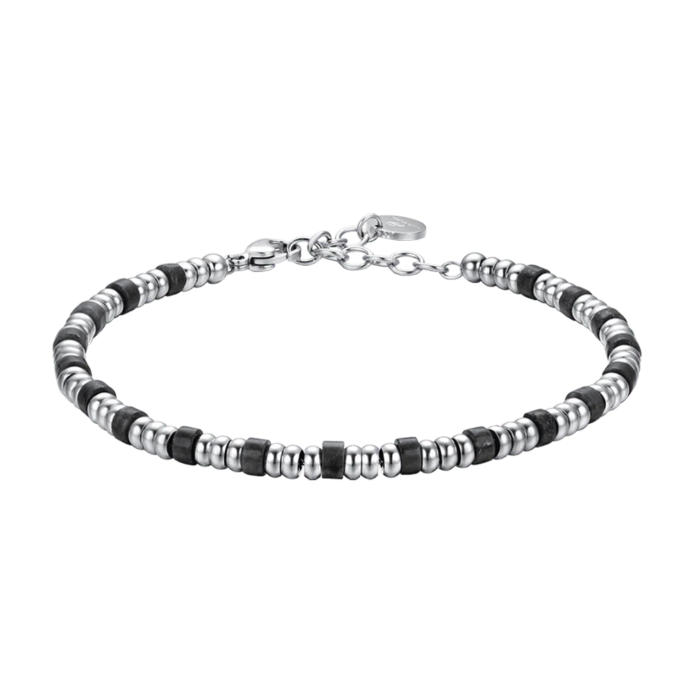 BRACCIALE UOMO IN ACCIAIO CON ELEMENTI SILVER E PIETRE NERE