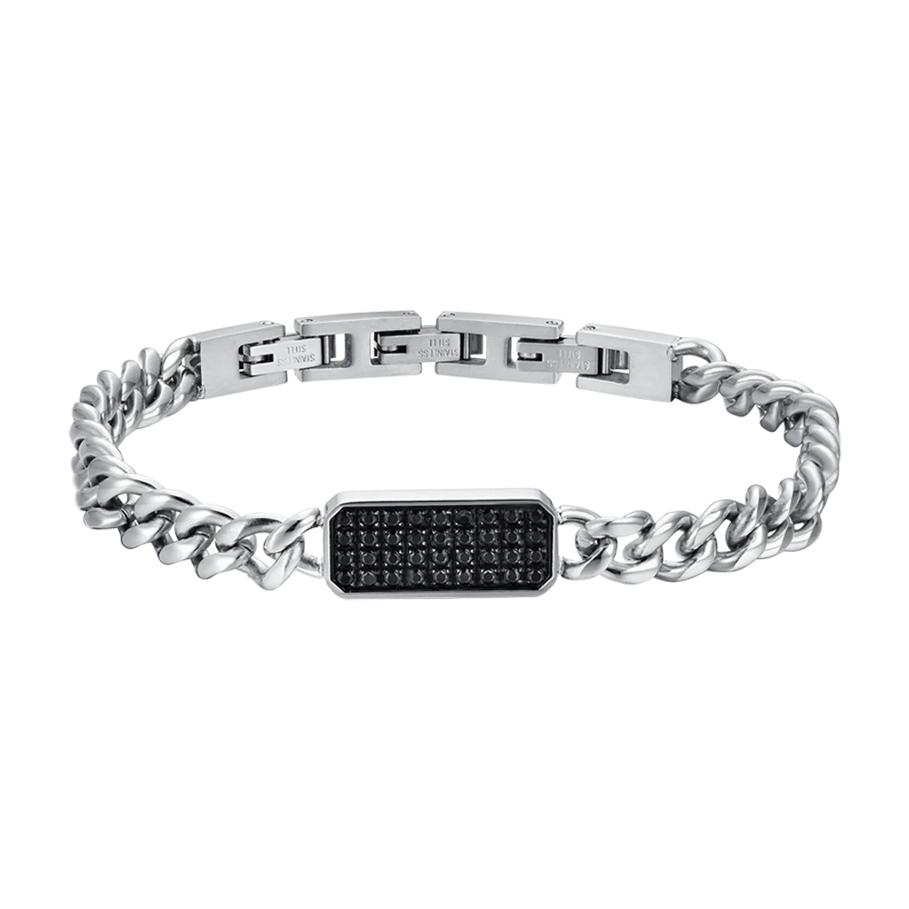 BRACCIALE UOMO IN ACCIAIO CON ELEMENTO CON CRISTALLI NERI