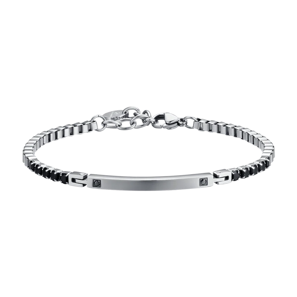 BRACCIALE UOMO IN ACCIAIO CON PIASTRA E CRISTALLI NERI
