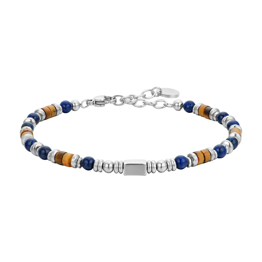 BRACCIALE UOMO IN ACCIAIO CON PIETRA LAPIS ED ELEMENTI OCCHIO DI TIGRE