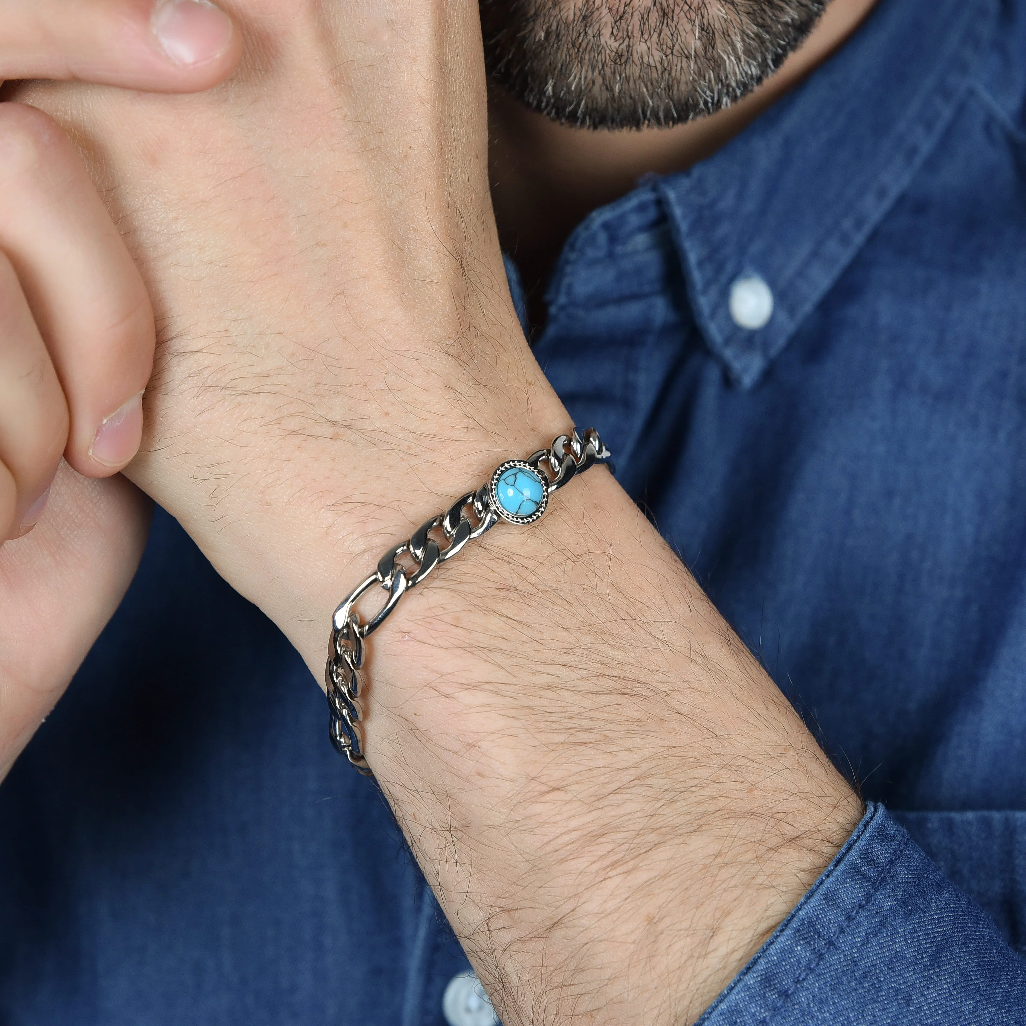BRACCIALE UOMO IN ACCIAIO CON PIETRA TURCHESE - Image 2