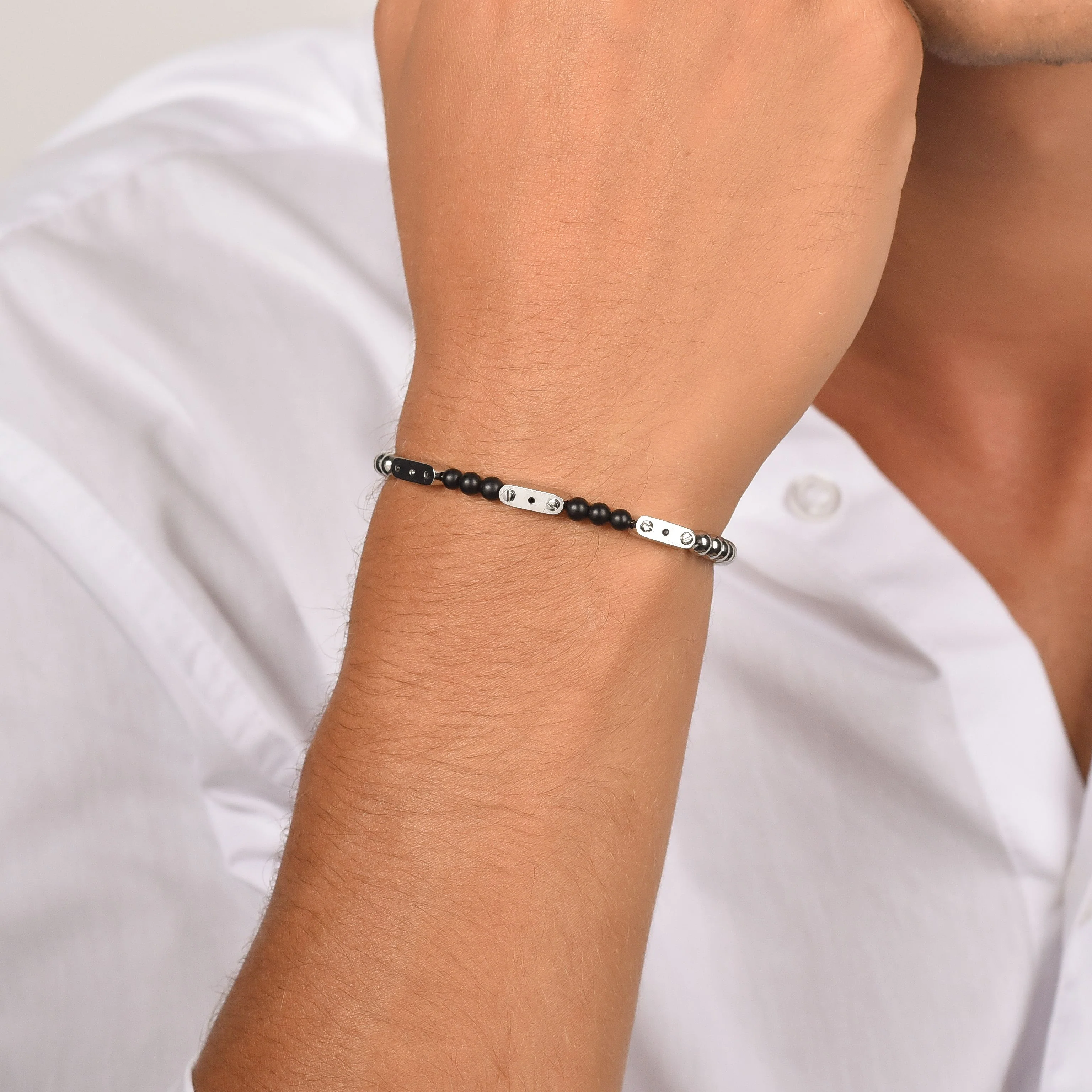 BRACCIALE UOMO IN ACCIAIO CON PIETRE NERE - Image 2