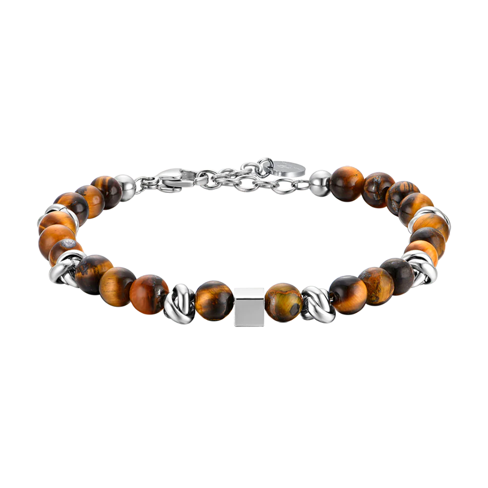 BRACCIALE UOMO IN ACCIAIO CON PIETRE OCCHIO DI TIGRE ED ELEMENTI IN ACCIAIO