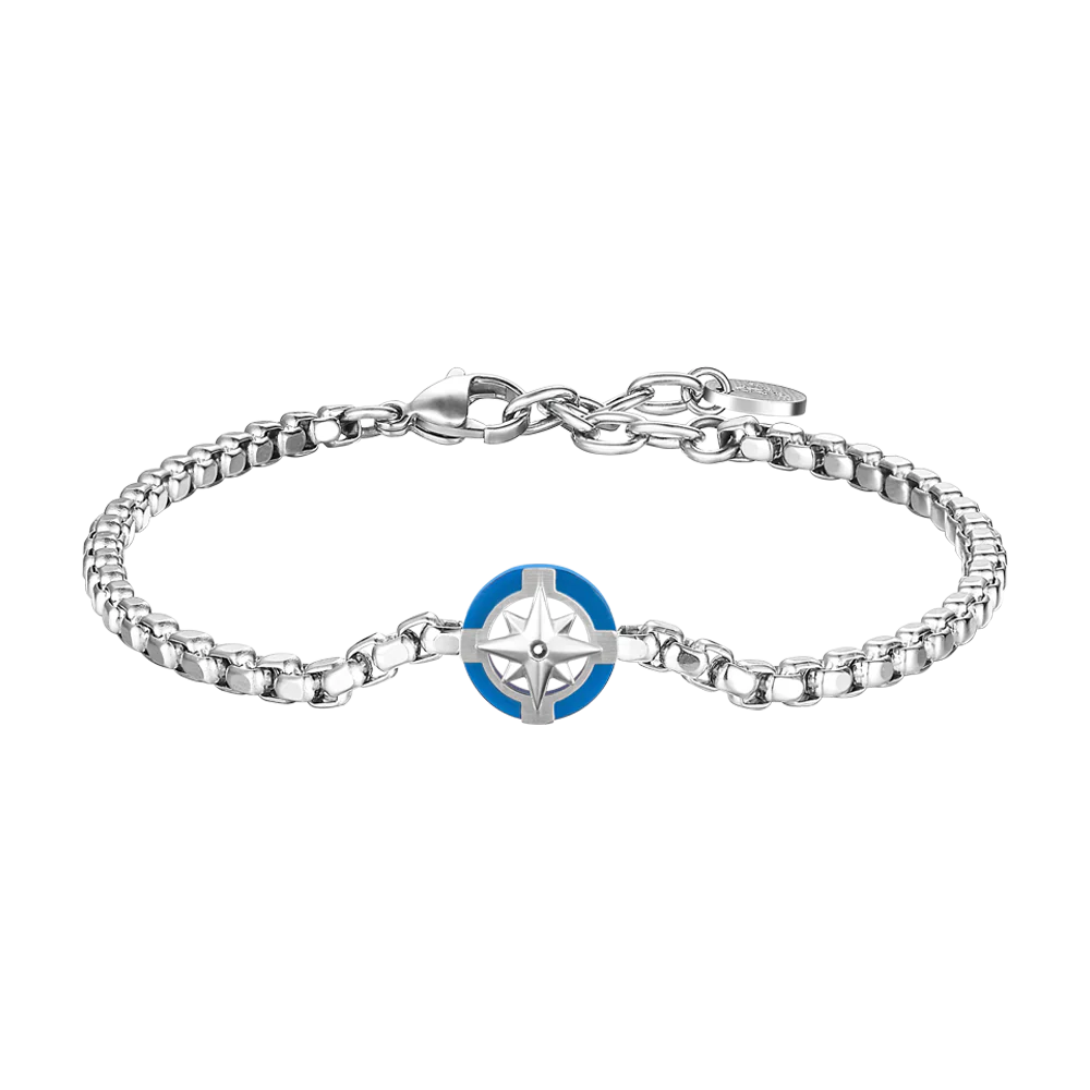 BRACCIALE UOMO IN ACCIAIO CON ROSA DEI VENTI E DETTAGLIO BLU