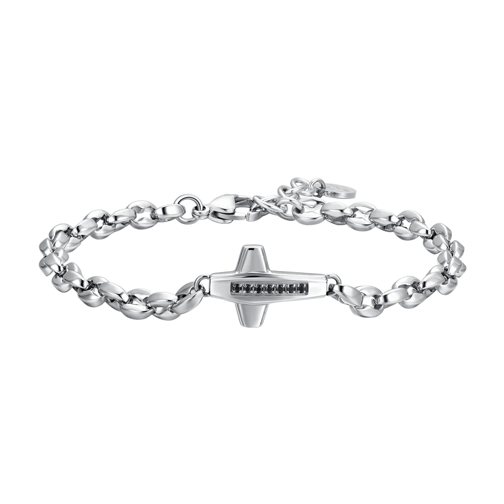 BRACCIALE UOMO IN ACCIAIO CROCE E ZIRCONI NERI