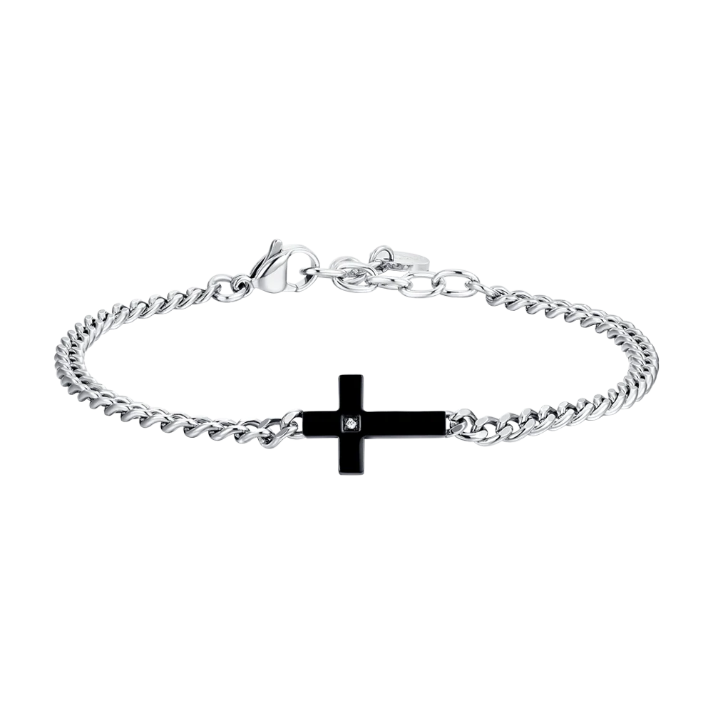 BRACCIALE UOMO IN ACCIAIO CROCE IP BLACK E ZIRCONE BIANCO