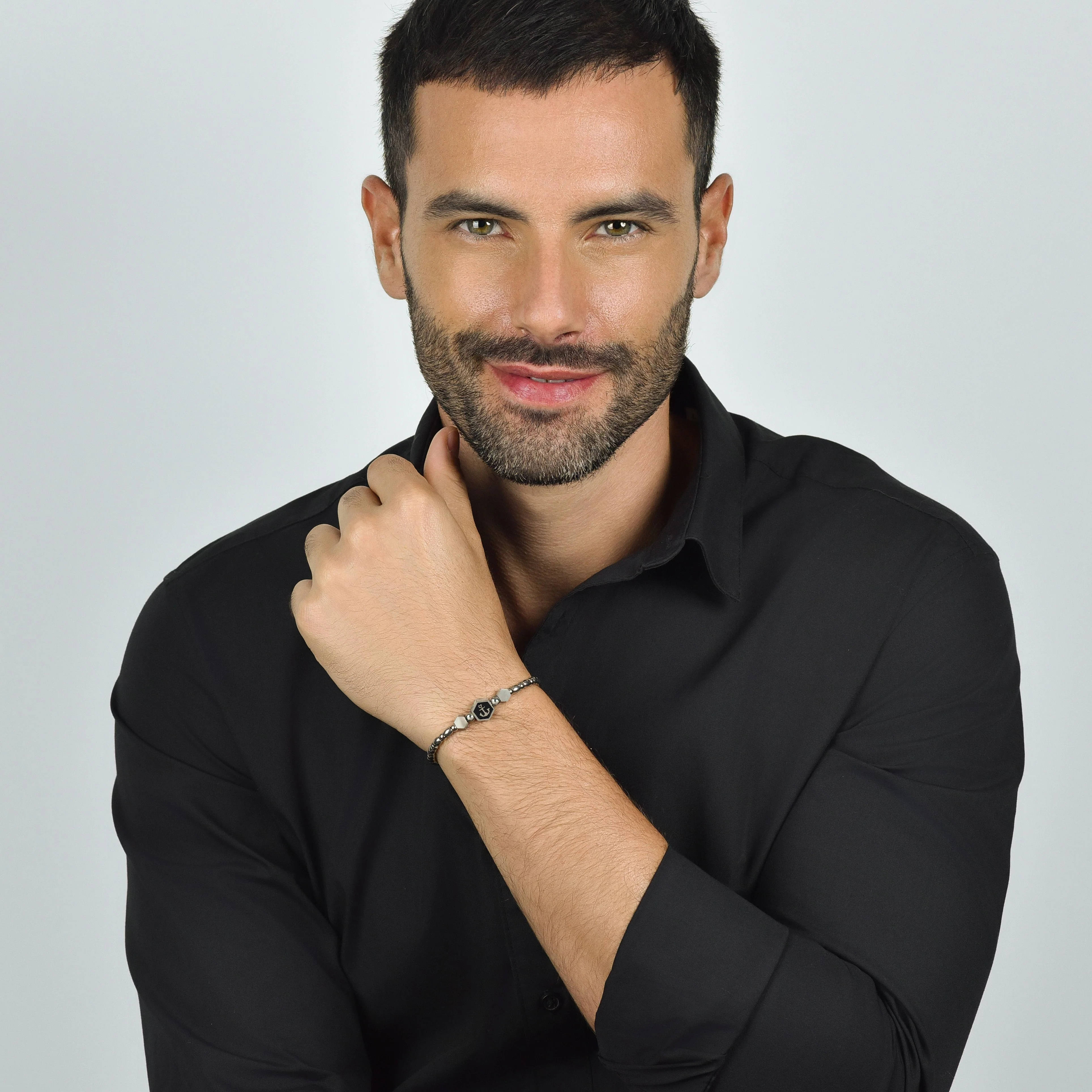 BRACCIALE UOMO IN ACCIAIO ELEMENTO CON ANCORA SILVER E SMALTO NERO - Image 3