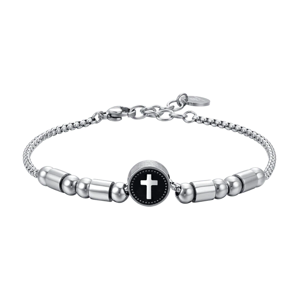 BRACCIALE UOMO IN ACCIAIO ELEMENTO CON CROCE SILVER E SMALTO NERO