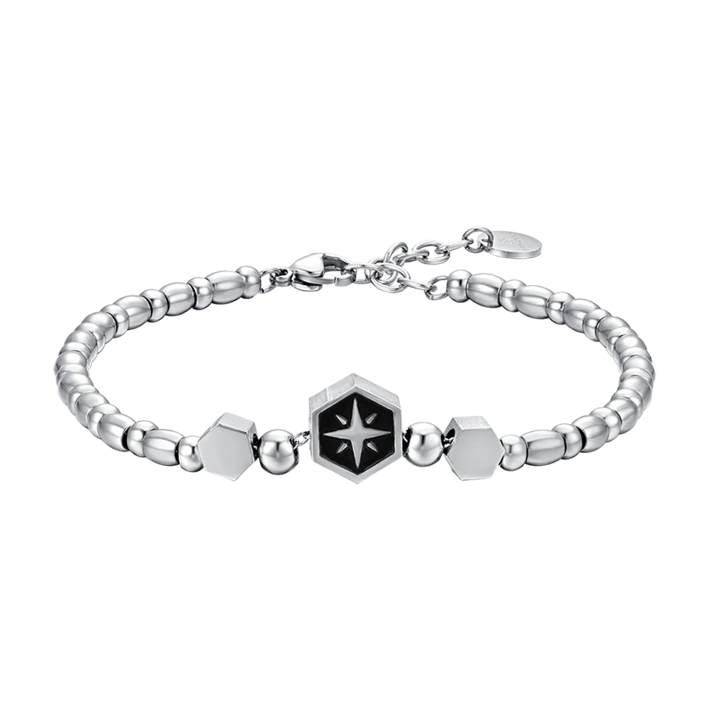 BRACCIALE UOMO IN ACCIAIO ELEMENTO CON ROSA DEI VENTI SILVER E SMALTO NERO