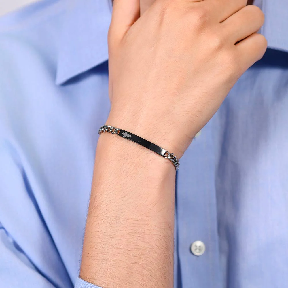 BRACCIALE UOMO IN ACCIAIO PIASTRA IP BLACK CON CROCE - Image 2