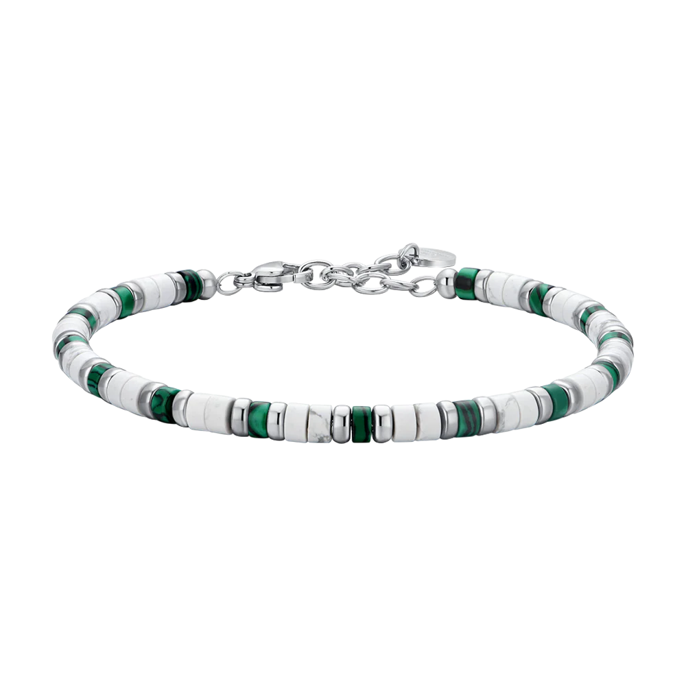 BRACCIALE UOMO IN ACCIAIO PIETRE BIANCHE E VERDI