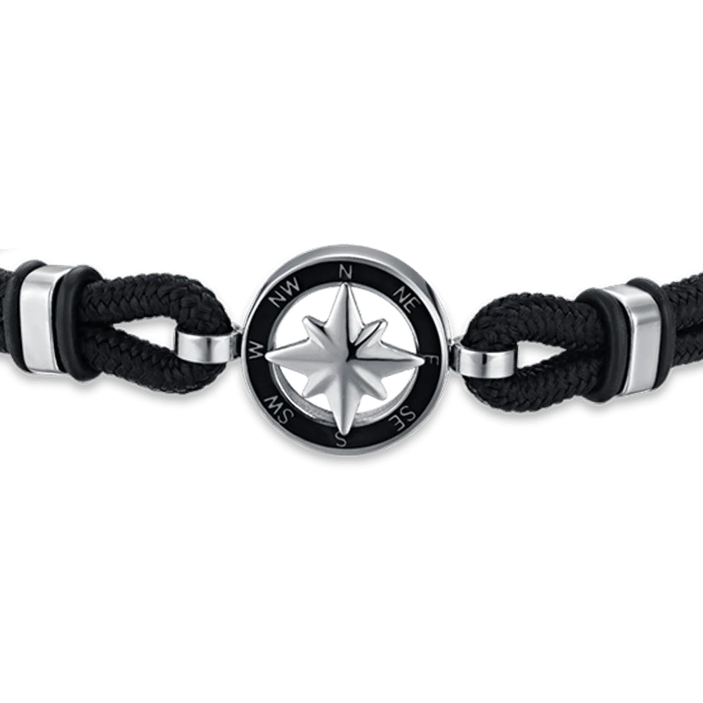 BRACCIALE UOMO IN CORDA NERA CON ROSA DEI VENTI CON SMALTO NERO - Image 4