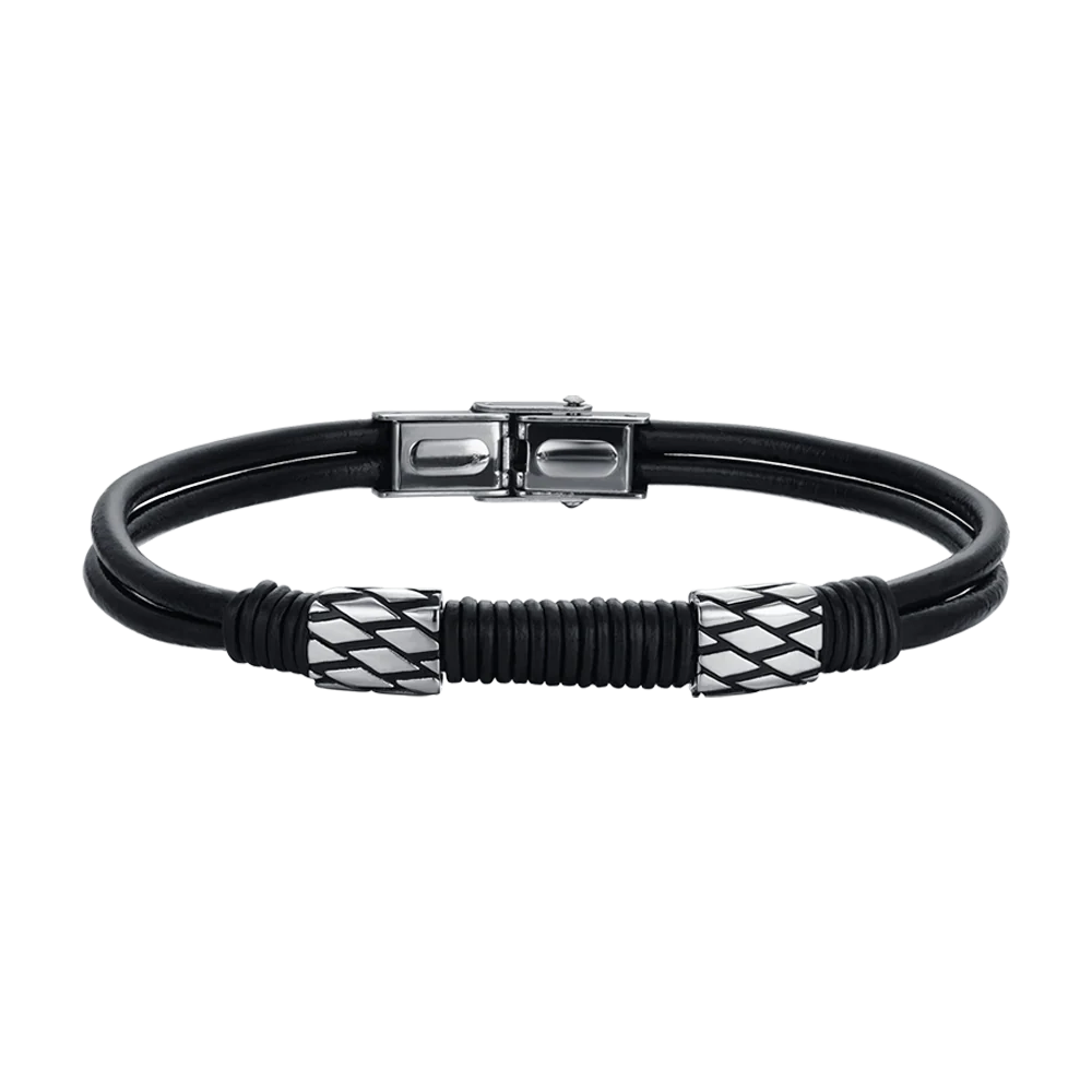 BRACCIALE UOMO IN CUOIO NERO CON ELEMENTI IN ACCIAIO