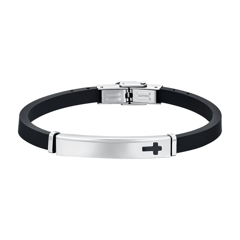 BRACCIALE UOMO IN SILICONE CON PIASTRA CON CROCE