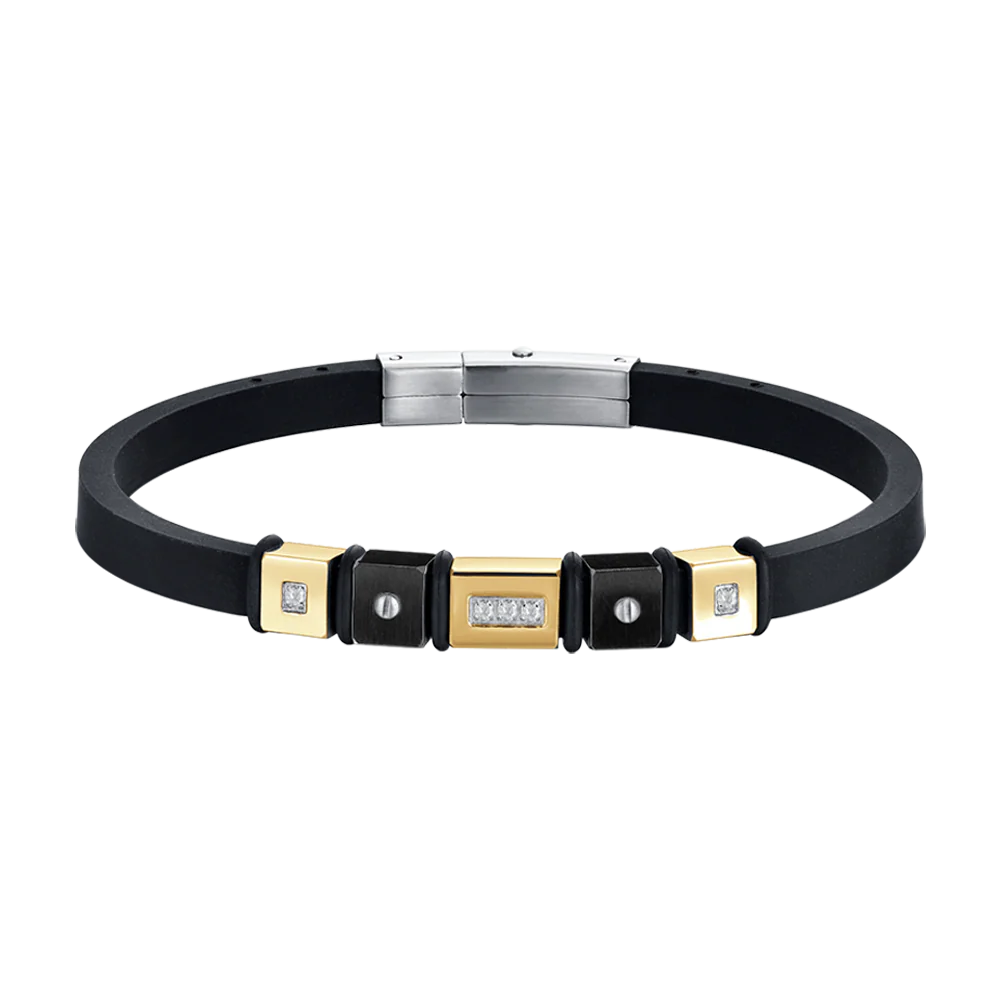 BRACCIALE UOMO IN SILICONE NERO CON ELEMENTI IN ACCIAIO IP GOLD ED IP NERO