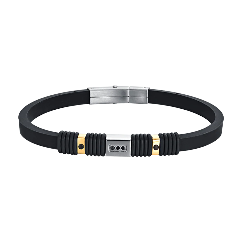 BRACCIALE UOMO IN SILICONE NERO CON ELEMENTI IN ACCIAIO IP NERO E IP GOLD
