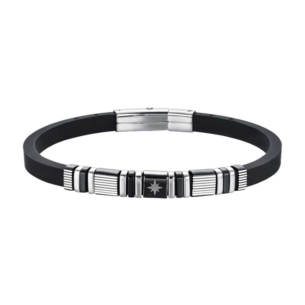 BRACCIALE UOMO SILICONE NERO CON ELEMENTI IN ACCIAIO ED IP NERO E ROSA DEI VENTI
