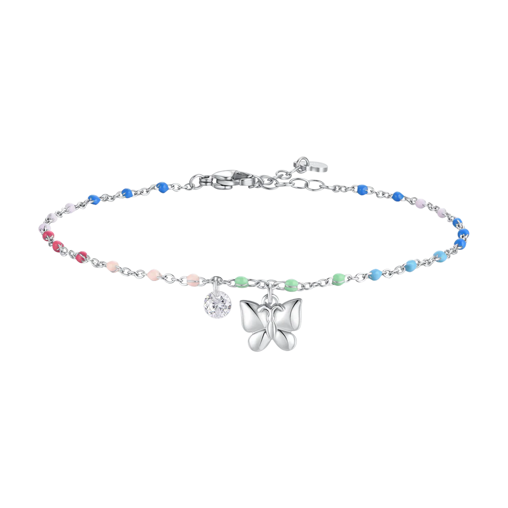 CAVIGLIERA DONNA IN ACCIAIO CON FARFALLA,CRISTALLO E PIETRE MULTICOLOR