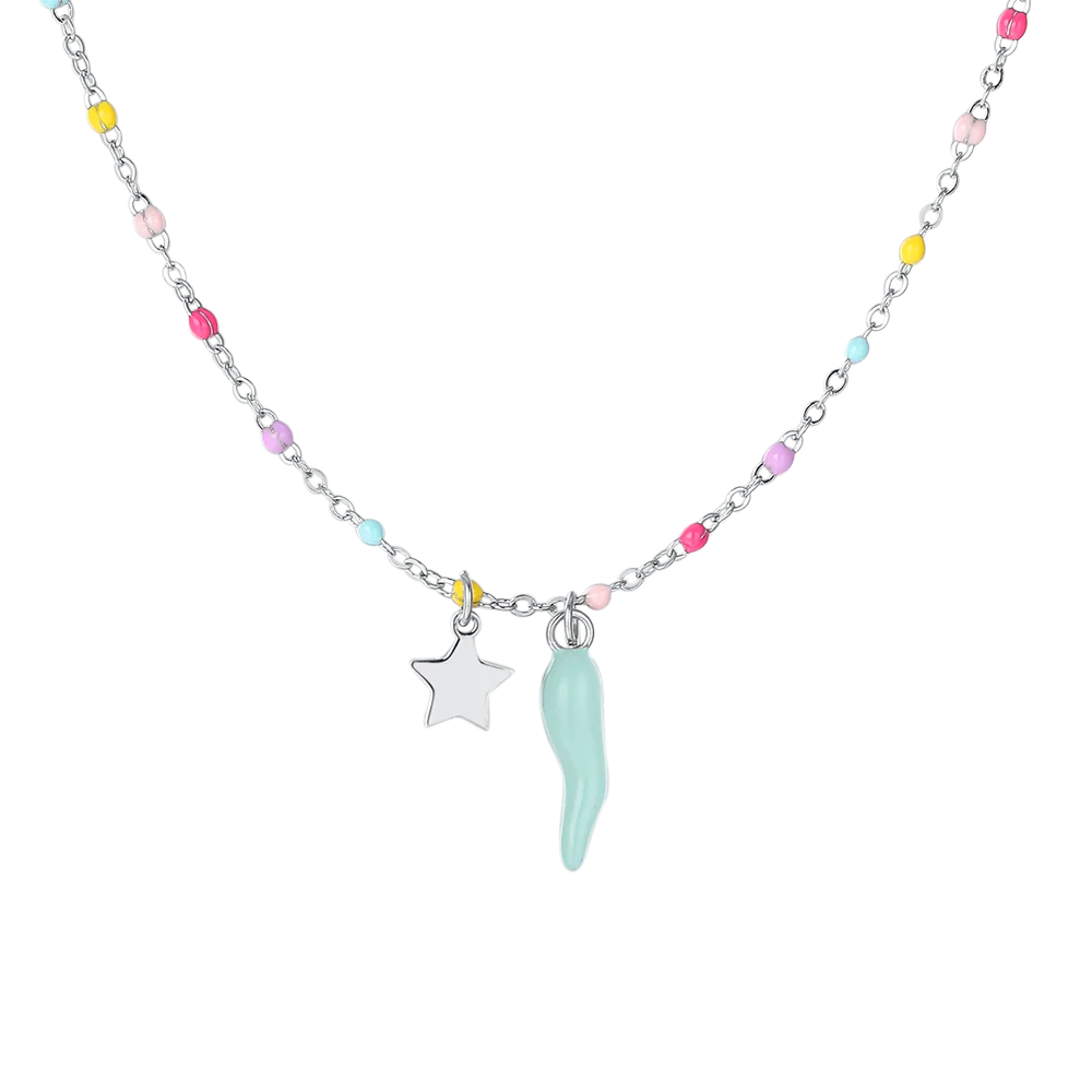 COLLANA BAMBINA IN ACCIAIO CON CORNO TURCHESE,STELLA ED ELEMENTI MULTICOLOR