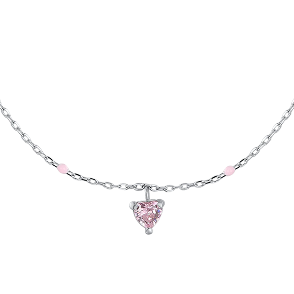 COLLANA BAMBINA IN ACCIAIO CON CUORE ZIRCONE ROSA E PIETRE ROSA - Image 2