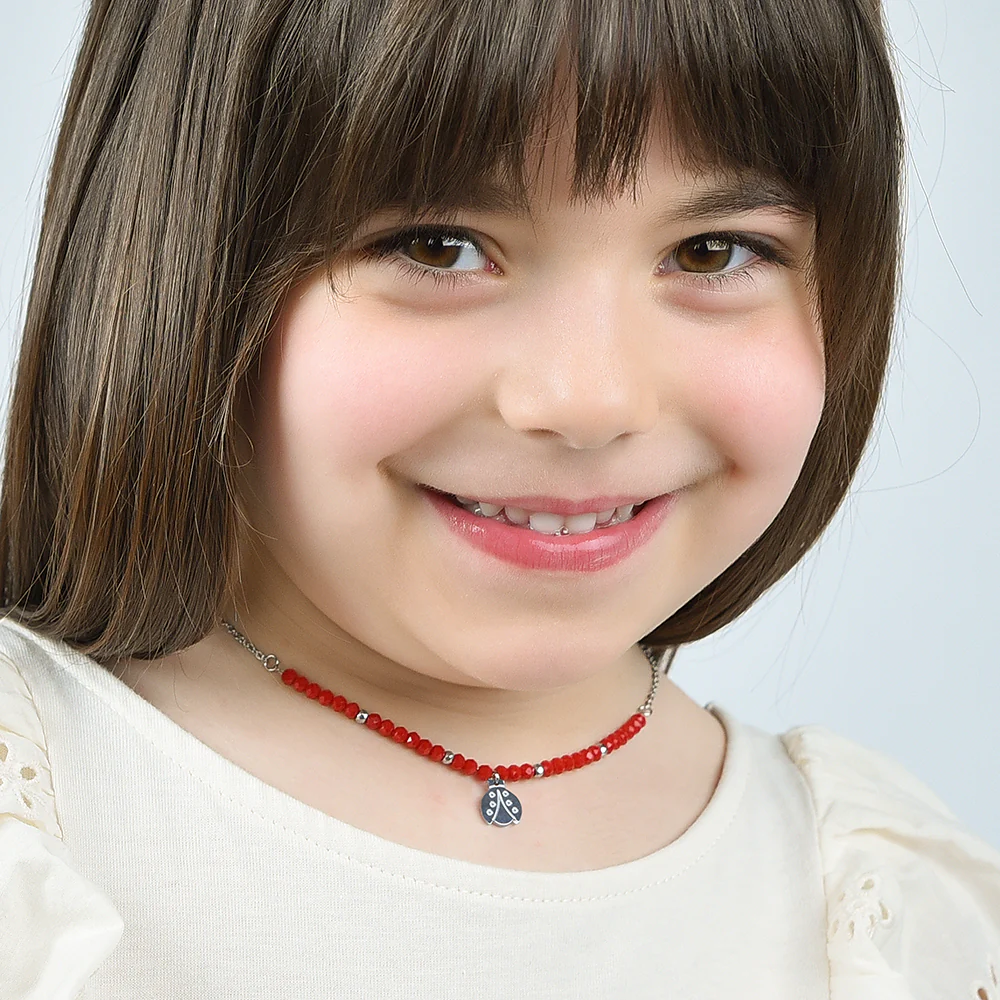 COLLANA BAMBINA IN ACCIAIO CON PIETRE ROSSE E COCCINELLA - Image 3