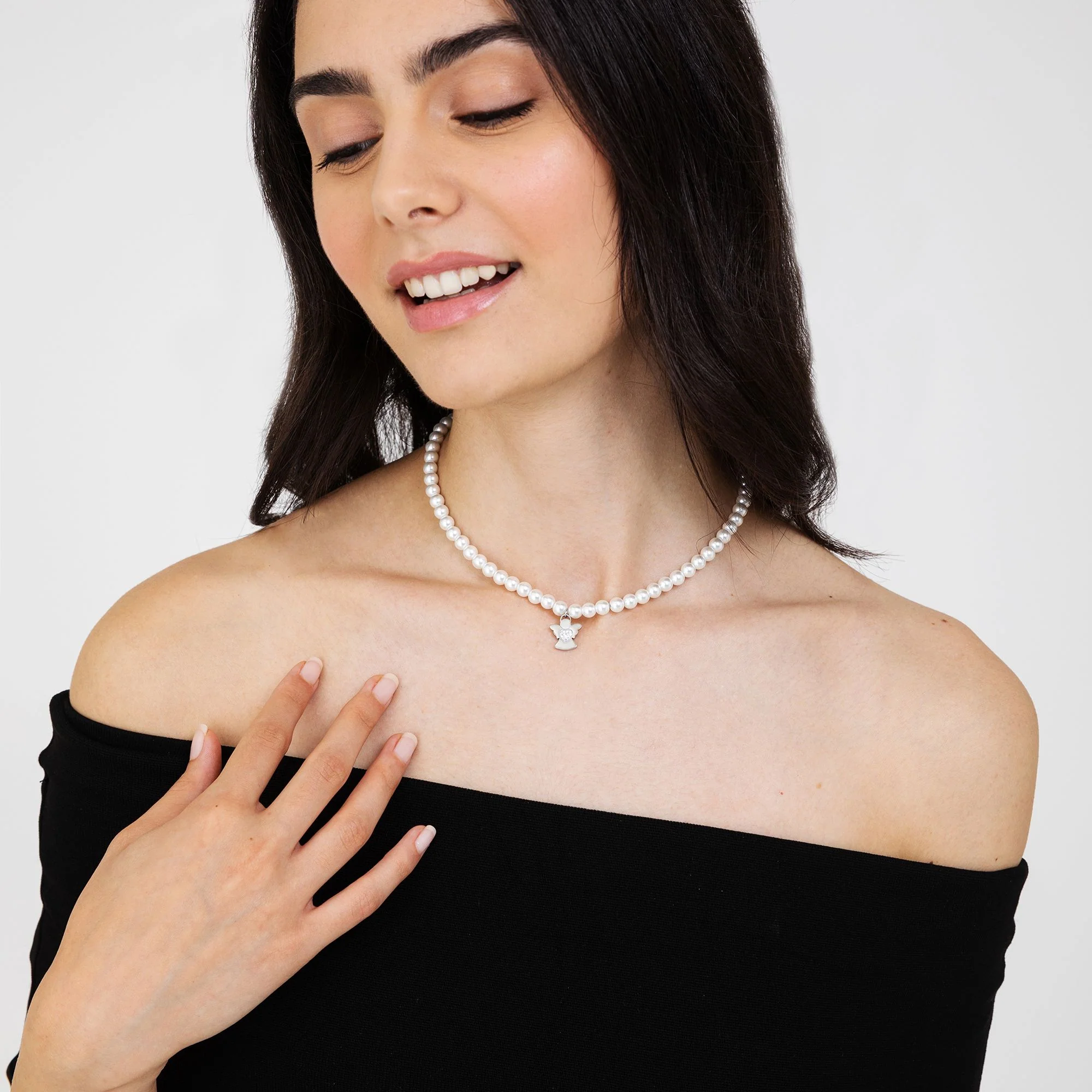 COLLANA DI PERLE BIANCHE DONNA CON ANGELO - Image 3