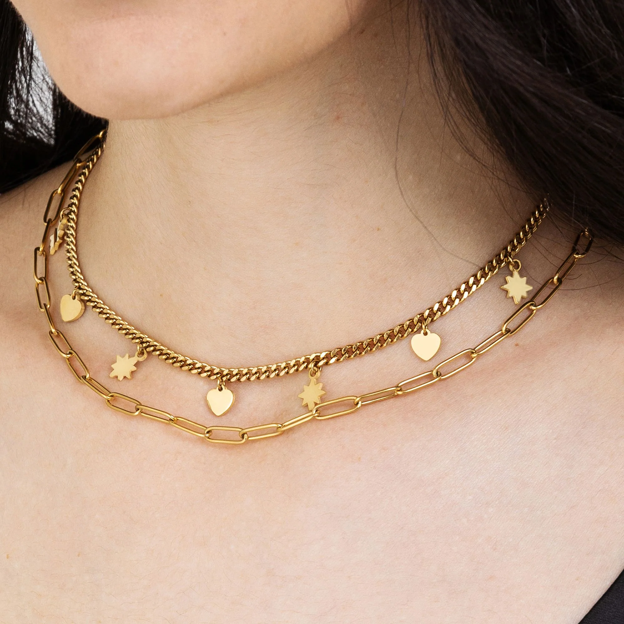COLLANA DONNA IN ACCIAIO IP GOLD MULTIFILO CON STELLE E CUORI - Image 2