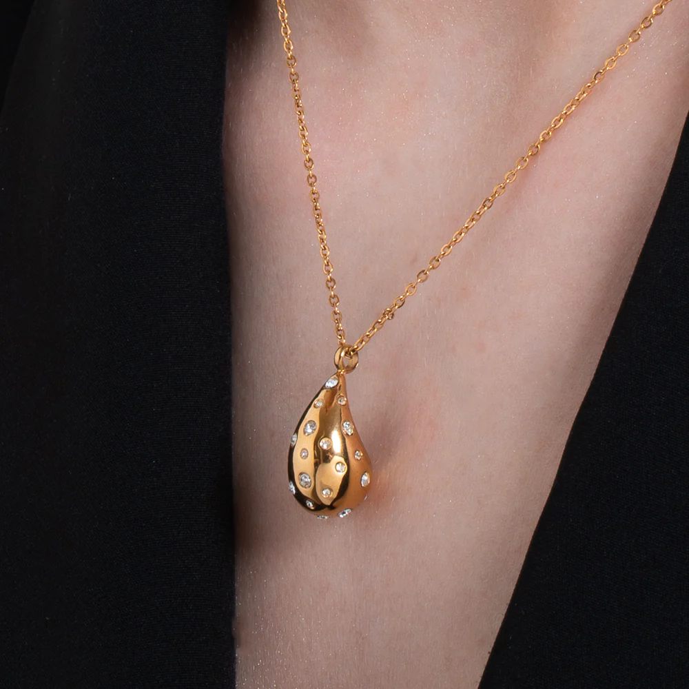 COLLANA DONNA GOCCIA IN ACCIAIO  E IP GOLD CON CRISTALLI BIANCHI - Image 2
